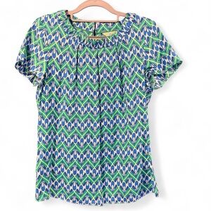 Boden Geometric Blouse Size 4 Blue Green Retro Short Sleeve Top Women's
